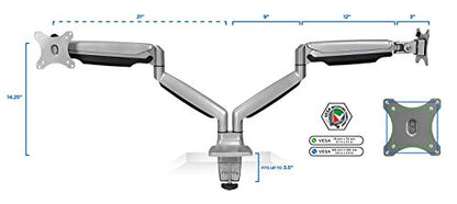 Mount-It! (MI-1772) Dual Monitor Arm Mount Desk Stand Two Articulating Gas Spring Height Adjustable Arms | Fits Up To 32" VESA 75 100 Compatible Screens | C-Clamp and Grommet Bases (Silver) - color: Silver