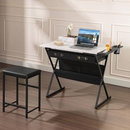 VECELO Drafting Table Art Desk Art Table Adjustable Drawing Table Tilted Tabletop with 2 Storage Drawers and Stool, Drawing Desk for Artist Painters Drawing, Crafting, Reading, Writing, White - color: White