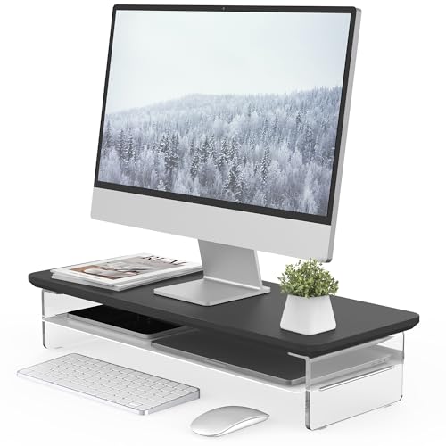 Fenge 23.6" Monitor Stand with Clear Acrylic Legs, Black | Clear Acrylic, Storage Compartment, 2-tier Home Office Monitor Riser, Wide Large Desktop Shelf Fit Monitor/Laptop/Printer - color: Black, size: 23.6in