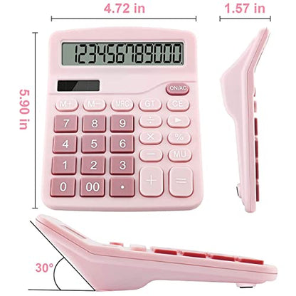 Office Calculators Desktop, 12-Digit Dual Power Cute Calculator with Large LCD Display Big Button for Office Home and School (Pink)