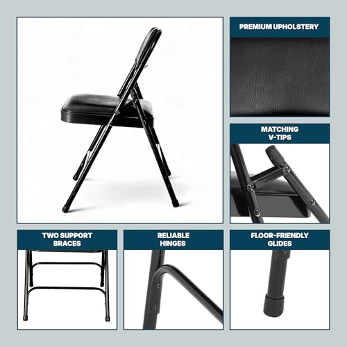 OEF Furnishings OEF1210 Vinyl Cushioned Folding Chairs with Steel Frame, Black, 4-Pack - color: Black