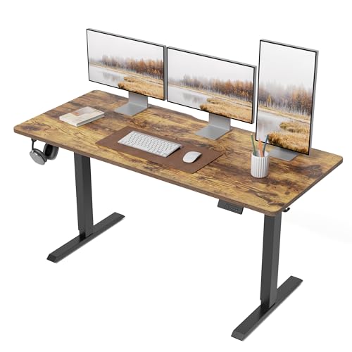 DESINO Standing Desk, 63 × 28 Inches Electric Height Adjustable, Sit and Stand Up, Computer Office Desk with Splice Board, Black Frame/Rustic Brown TOP - color: Rustic Brown, size: 63x28