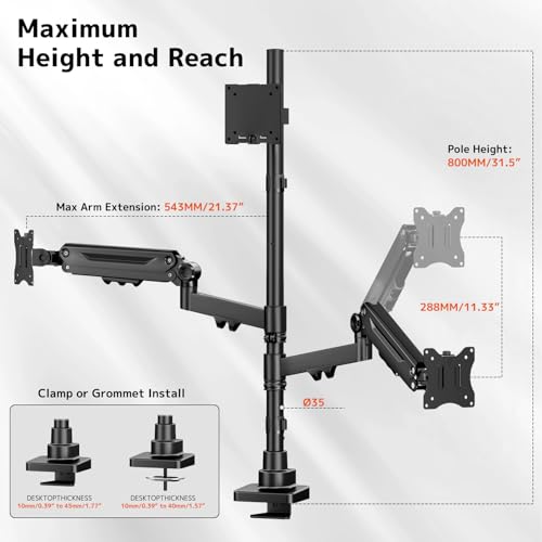 Triple Monitor Mount up to 49 inches, Fully Adjustable Heavy Duty 3 Monitor Arm with Gas Spring, Desk Mount for 3 Screens, C-Clamp & Grommet Base, Holds 44 lbs, Black - color: Black