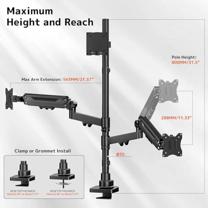 Triple Monitor Mount up to 49 inches, Fully Adjustable Heavy Duty 3 Monitor Arm with Gas Spring, Desk Mount for 3 Screens, C-Clamp & Grommet Base, Holds 44 lbs, Black - color: Black