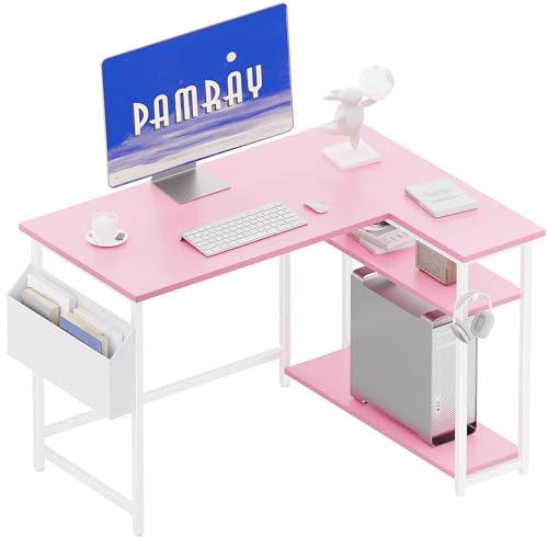 Pamray 40 Inch L Shaped Computer Desk with Reversible Side Storage Shelves, Small Corner Desk for Small Space Home Office, Writing Study Table PC Desk for Bedroom, Pink - color: Pink, size: 40 Inch