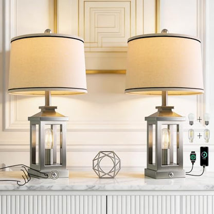 Modern Table Lamps Set of 2 for Living Room 23.75" Bedroom Nightstand Lamps | Touch Lamps with Three-level Dimming Nightlight, Bulbs Included, USB Charging Ports, Silver Modern Bedside Side Table Lamp - color: Metal Silver