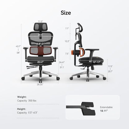 Newtral Mesh Ergonomic Office Chair, Auto-Following Adaptive Lumbar Support, 4D Soft Armrest & 2D Rotatable Headrest, 96°-136°Lockable Recline Swivel Desk Chair, Home Office Gaming ChairGaming Chair - color: Black, size: with Footrest