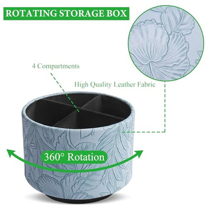 Round Leather Art Supply Organizer,Remote Control Holder,360 Degree Spinning,Multi-Functional Pencil Holder,4 Compartments Desktop Stationary Organizer(1-Carved Light Blue) - color: 1-Carved Light Blue