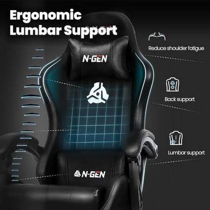 N-GEN GAMING Gaming Chair with Footrest, Lumbar, High-Back, Carbon Black | Reclining Backrest, Linkage Armrests, Durable PU Leather, Adjustable Comfort for Extended Computer, Desk, or Home Office Use - color: Carbon Black