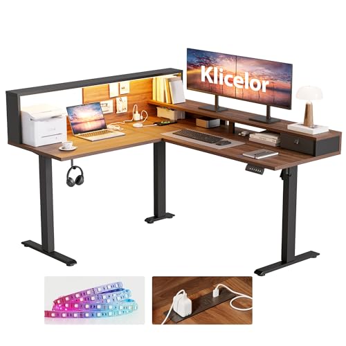 Klicelor L Shaped Electric Standing Desk 63 x 55 inch with Shelf, Height Adjustable Corner Desk, Sit Stand Desk with Storage Shelf, Home Office Computer Table, Light Dark Walnut - color: Dark Walnut, size: 63 x 55 Inch with Shelf