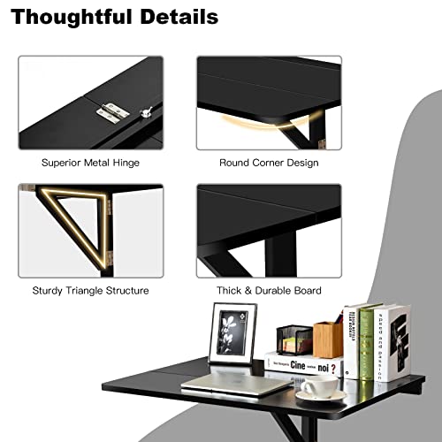 COSTWAY Wall Mounted Folding Table, 31.5" x 23.5" Drop-Leaf Floating Writing Desk for Small Spaces, Space-Saving Fold Down Laptop Workstation for Kitchen, Bedroom, Laundry Room, Study Room (Black) - color: Black