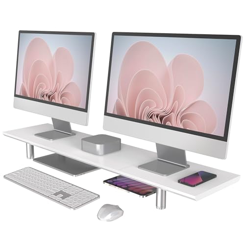 Fenge 39.4” Dual Monitor Stand with Height Adjustable Legs, White | Wooden & Steel, Ergonomic Height 3.6" to 4.4", Underneath Storage, Holds up to 99lbs, Laptop Monitor Stand for Home Office - color: White