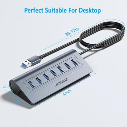 JESWO 7-Port Aluminum Powered USB 3.0 Hub with 3.3Ft Cable - color: Grey