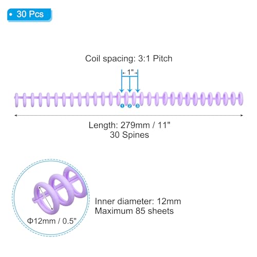 PATIKIL 12mm(1/2") Plastic Spiral Binding Coils, 30 Pcs Binding Spirals 85 Sheet Capacity Binding Spirals for Binding Paper Sheets, Purple - color: Purple, size: 12mm(1/2")