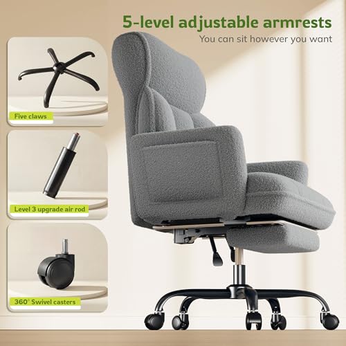 DurayLoly Big and Tall Office Chair with Footrest & Adjustable Armrests | 145° Reclining Backrest, Soft Teddy Fleece, Height Adjustable & 360° Swivel for Home Office, Bedroom - Grey - color: Grey