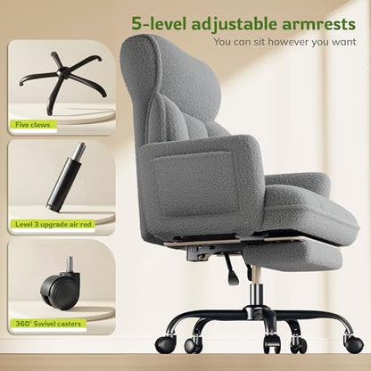 DurayLoly Big and Tall Office Chair with Footrest & Adjustable Armrests | 145° Reclining Backrest, Soft Teddy Fleece, Height Adjustable & 360° Swivel for Home Office, Bedroom - Grey - color: Grey