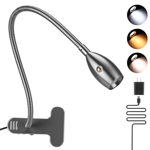 1 Pcs LED Clip on Reading Light for Bed Headboard, 3 Color Dimmable Stepless Book Light with Flexible Gooseneck Clamp Desk Lamp for Reading with USB for Bedroom, Dorms, Office, Studio (Silver) - color: Silver
