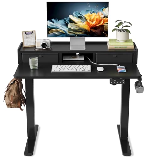 YIHAYO Electric Standing Desk with Drawers, 40 x 24 Inches Adjustable Desk with Storage Shelf, Stand Up Desk with Splice Board, Computer Desk for Home Office, Black Frame/Black Top - color: Black Frame/Black Top, size: 40*24 Inch