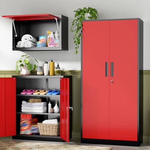 SUNCROWN Metal Garage Storage Cabinet, 72" Locking Steel Garage Cabinets with 2 Door and 4 Adjustable Shelves, Tall Metal Tool Cabinets for Home Office, Garage, School, Black Red - color: Black & Red, size: 72"H x 32"W x 16"D