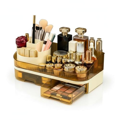 Makeup Organizer Countertop with Dual Drawers, Large Capacity Cosmetic Storage for Vanity Bathroom Skincare, 360° Rotating Makeup Brush Holder - color: brown
