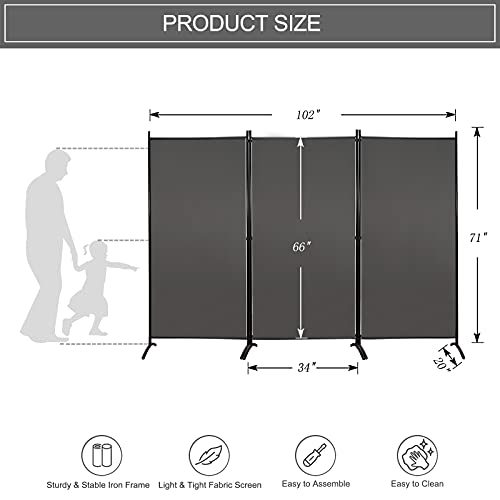 MAYOLIAH 3 Panels Room Divider Partition 6ft Tall Folding Privacy Screen - color: Grey, size: 34"-3 Panel-Arc Base
