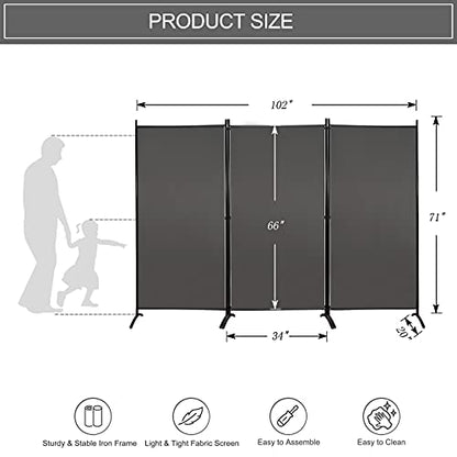 MAYOLIAH 3 Panels Room Divider Partition 6ft Tall Folding Privacy Screen - color: Grey, size: 34"-3 Panel-Arc Base