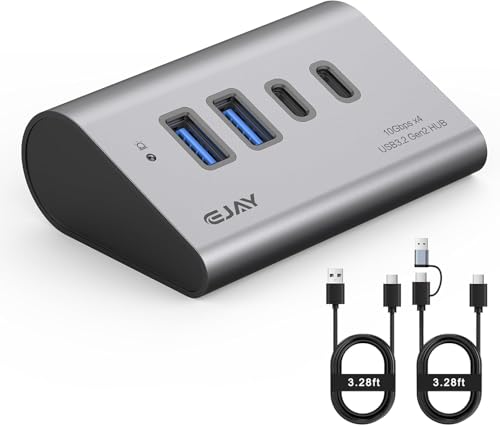 EJAY 10Gbps USB 3.2 Hub, 4-Port USB C/A Splitter for SSD,Laptop,PC,Mac | Aluminum,23° Ergonomic,Extra Power Supply Port,Stable Data Transmission,Dual Cable - color: Gray