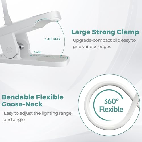 CUHIOY Rechargeable Clip on Reading Light for Bed Headboard, White, 1 Pack | Battery Clamp Bunk Bed Light, 5 Colors 5 Brightness Flexible Neck Desk Lamp, Flicker-Free Touch Control Kids Book Light - style: 1Pack White