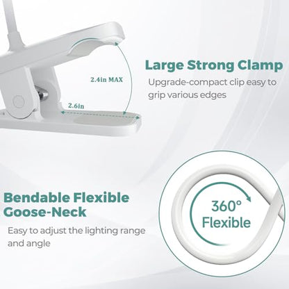 CUHIOY Rechargeable Clip on Reading Light for Bed Headboard, White, 1 Pack | Battery Clamp Bunk Bed Light, 5 Colors 5 Brightness Flexible Neck Desk Lamp, Flicker-Free Touch Control Kids Book Light - style: 1Pack White