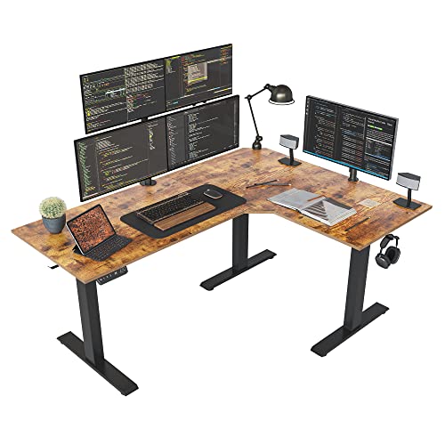 FEZIBO Triple Motor 63" L Shaped Standing Desk, Electric Standing Gaming Desk Adjustable Height, Corner Stand up Desk with Splice Board, Black Frame/Rustic Brown Top - color: Rustic Brown, size: 63 Inch
