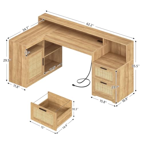 TVU Farmhouse L Shaped Desk with Drawers, 62.2" Home Office Desk with Storage Shelves and Power Outlet, L Shaped Computer Desk with Monitor Stand and Printer Shelf, Oak/Rattan - color: Oak/Rattan