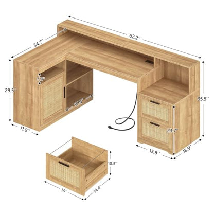 TVU Farmhouse L Shaped Desk with Drawers, 62.2" Home Office Desk with Storage Shelves and Power Outlet, L Shaped Computer Desk with Monitor Stand and Printer Shelf, Oak/Rattan - color: Oak/Rattan