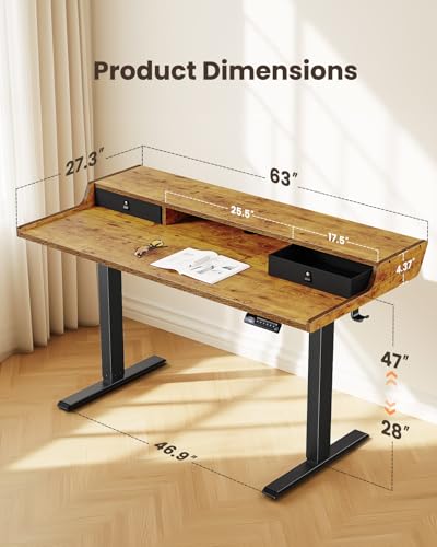 ErGear Electric Standing Desk with Drawers, 63″ x 28″ Gaming Table Compatible Monitor Stand, Stand up Desks, Home Office Height-Adjustable Desk with Storage Shelf, 4 Preset Heights, Vintage Brown - color: Vintage Brown, size: 63" X 28"