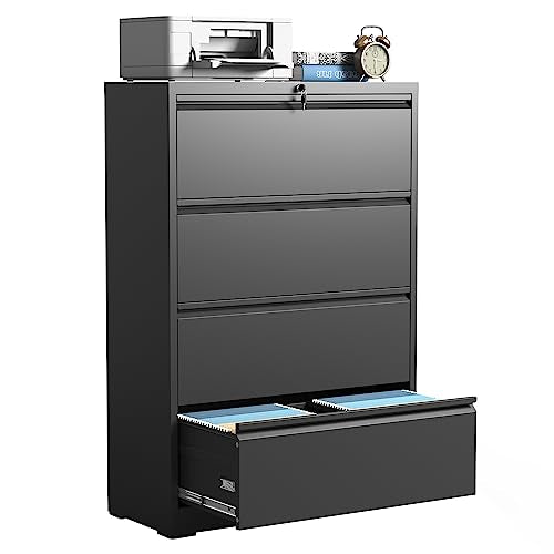 IKIMI 4 Drawers Lateral File Cabinets,Black Metal Filing Cabinet for Office - color: Black, size: 15.7"D x 35.4"W x 52.3"H