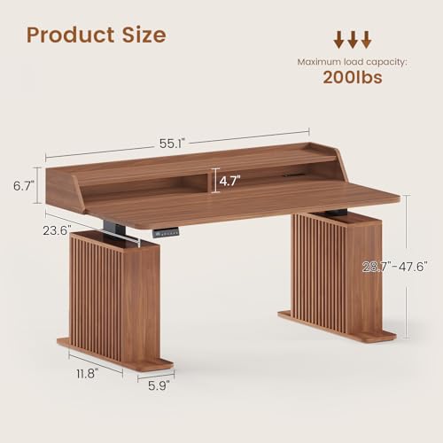 SEDETA Standing Desk with Storage, 55" Fluted Stand Up Desk with Power Outlets and LED Lights, Height-Adjustable Table with Monitor Shelf for Home Office & Gaming, Brown - color: Brown