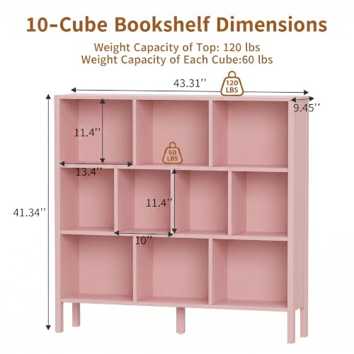 KIGOTY 10 Cube Modern Bookcase, 3-Tier Open Storage Organizer, Freestanding Bookshelf with Legs, Narrow Bookcase for Living Room, Bedroom & Office (Pink) - color: Pink