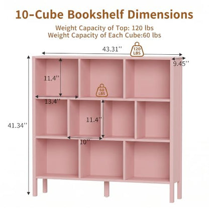 KIGOTY 10 Cube Modern Bookcase, 3-Tier Open Storage Organizer, Freestanding Bookshelf with Legs, Narrow Bookcase for Living Room, Bedroom & Office (Pink) - color: Pink
