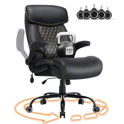 BOSMILLER Big and Tall Office Chair, Heavy Duty Executive Chairs with Adjustable Lumbar Support for Back Pain, Ergonomic Comfortable Computer Chair with Extra Wide Seat for Home Office, Black Pu