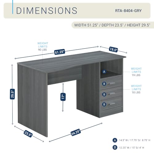 Techni Mobili 51 Inch Classic Computer Desk w/Drawers & Storage, Grey - color: Grey