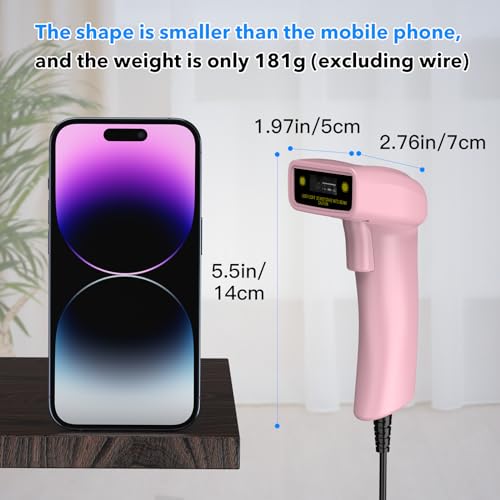 USB 1D Barcode Scanner, Handheld Wired CCD Laser Barcode Reader Scanner Supports Screen Scan UPC Bar Code Scanner for Warehouse, Library, Supermarket,POS - color: 1D Laser Pink