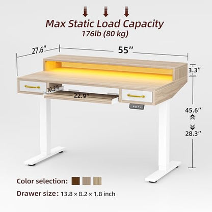 TIQLAB Standing Desk with Two Drawers, Stand Up Standing Desk Adjustable Height, Electric Sit Stand Table with Storage Shelf and Splice Board, with LED Light, 55 * 28 inch, Light Walnut - color: Light Walnut, size: 55*28 inch with keyboard tray
