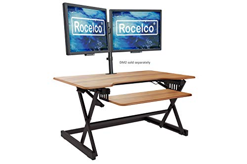 Rocelco 40" Large Height Adjustable Standing Desk Converter - Quick Sit Stand Up Dual Monitor Riser - Gas Spring Assist Computer Workstation - Retractable Keyboard Tray - Teak Wood Grain (R DADRT-40) - color: Teak/Black, size: 40", style: Riser Only