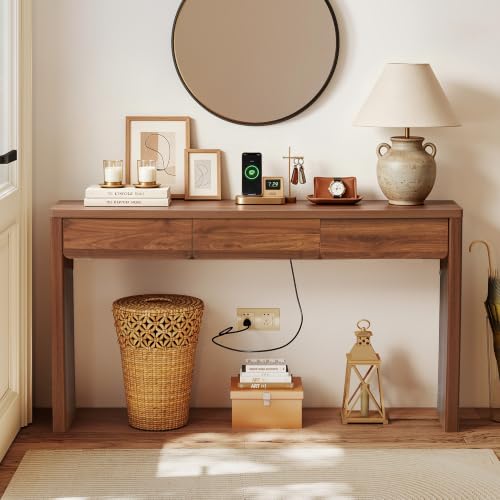59 Inch Narrow Desk with 3 Drawers and Charging Station - Walnut - color: Walnut, size: 3 drawer