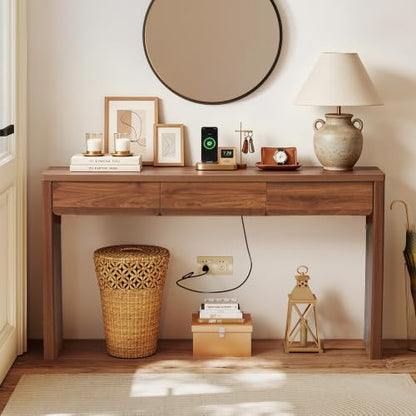 59 Inch Narrow Desk with 3 Drawers and Charging Station - Walnut - color: Walnut, size: 3 drawer