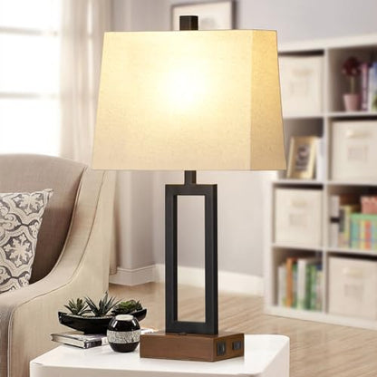 Lolikit Table Lamp for Bedroom Set of 2 with 2 USB Ports and AC Power Outlet, 23.5" Modern Bedside Lamp, Wood Nightstand Lamp with Linen Shade for Living Room Hotel Desk(LED Bulb Included) - color: Black