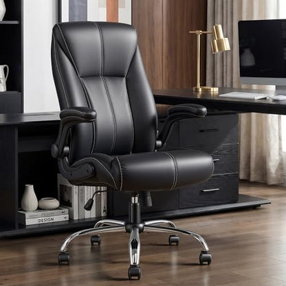 Big and Tall Office Chair for Heavy People, 400LBS High Back Extra Wide Executive PU Leather Office Chair with Flip-Up Armrests, Smooth Caster Wheels, Comfortable Home Office Desk Chair (Black) - color: Black - Rubber Wheels