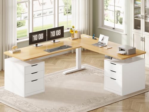SEDETA L Shaped Electric Standing Desk, 66.9" x 57.1" Height Adjustable Corner Desk with 6 Drawers & Built-in Power Outlet, 3 Memory Presets, 200lbs Capacity, White + Oak - color: White + Oak, size: L Shaped Standing Desk