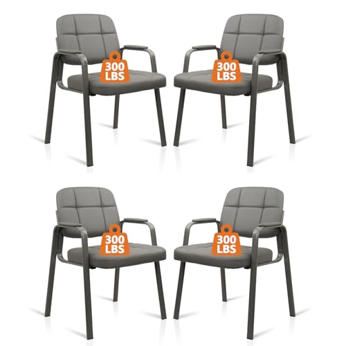CLATINA Office Reception Guest Chair No Wheels, Leather Stationary Waiting Room Chairs with Padded Arms for Elderly Desk Conference Room Lobby Table Side Salon Grey 4 Pack - color: Grey, size: 4 Pack