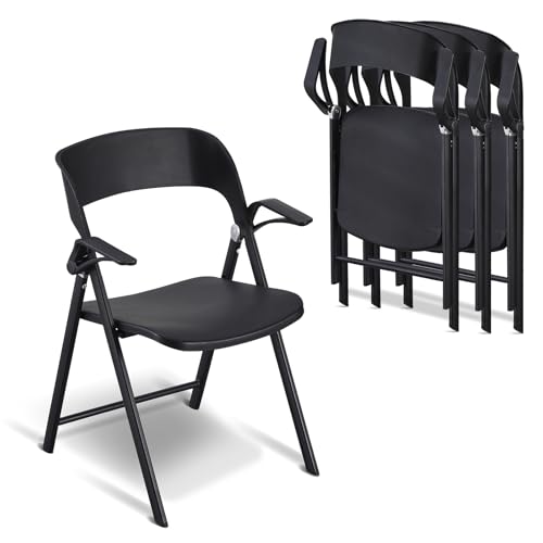 KAIHAOWIN 4 Pack Plastic Folding Chair with Armrest, Heavy Duty Foldable Chairs with Steel Frame Commercial Stackable Guest Chairs for Indoor and Outdoor-Black (Black) - color: Black X 4