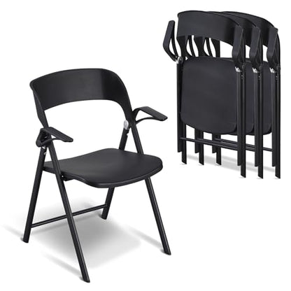 KAIHAOWIN 4 Pack Plastic Folding Chair with Armrest, Heavy Duty Foldable Chairs with Steel Frame Commercial Stackable Guest Chairs for Indoor and Outdoor-Black (Black) - color: Black X 4
